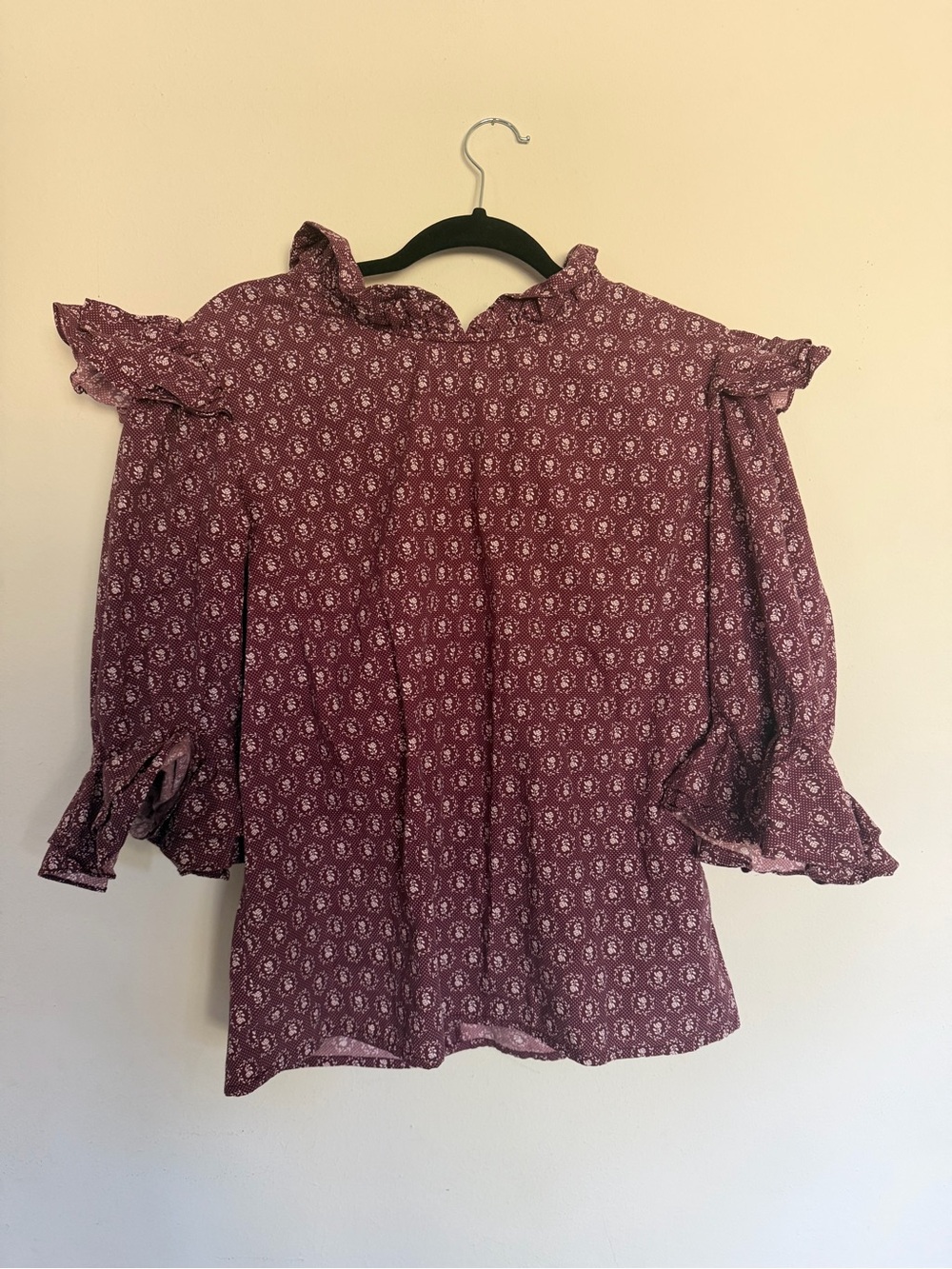 Batsheva Antoinette Blouse & Ruffle Pant in Merlot Floral Dot Set Size 16